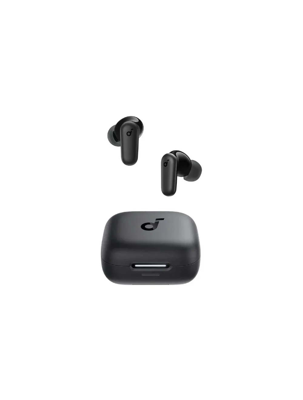 Black wireless earbuds with charging case, sleek design for mobile and gaming audio