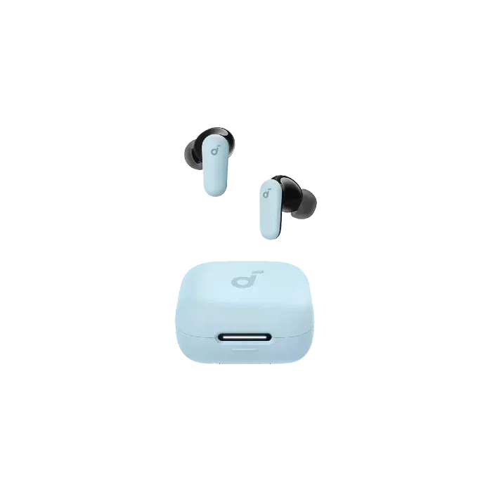Light blue wireless earbuds with charging case, sleek design for mobile and gaming audio