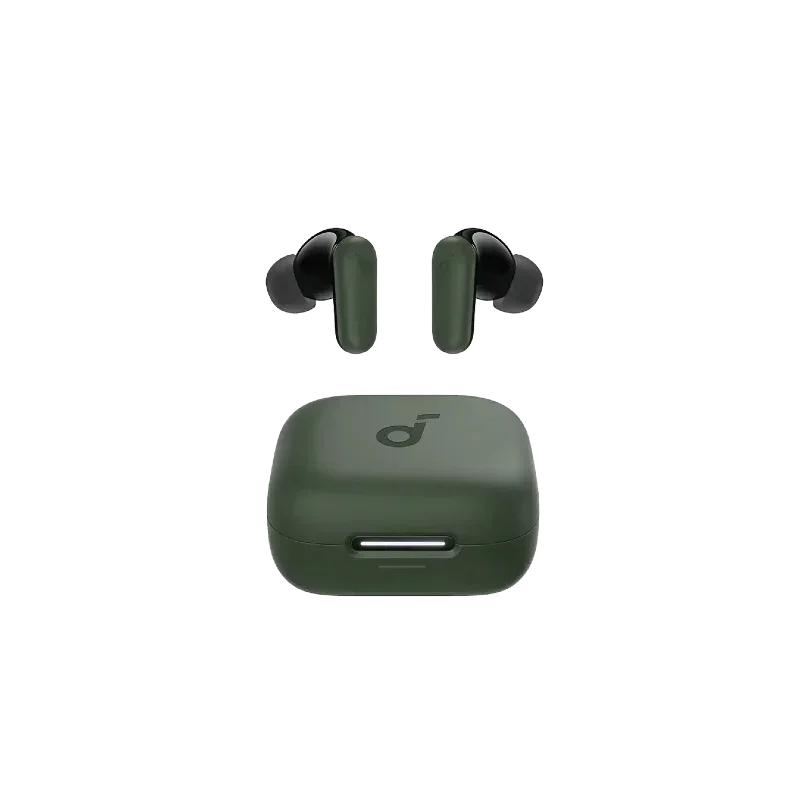 Olive green wireless earbuds with charging case, sleek design for mobile and gaming audio