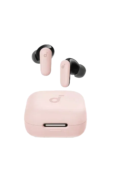 Pink wireless earbuds with charging case, sleek design for mobile and gaming audio