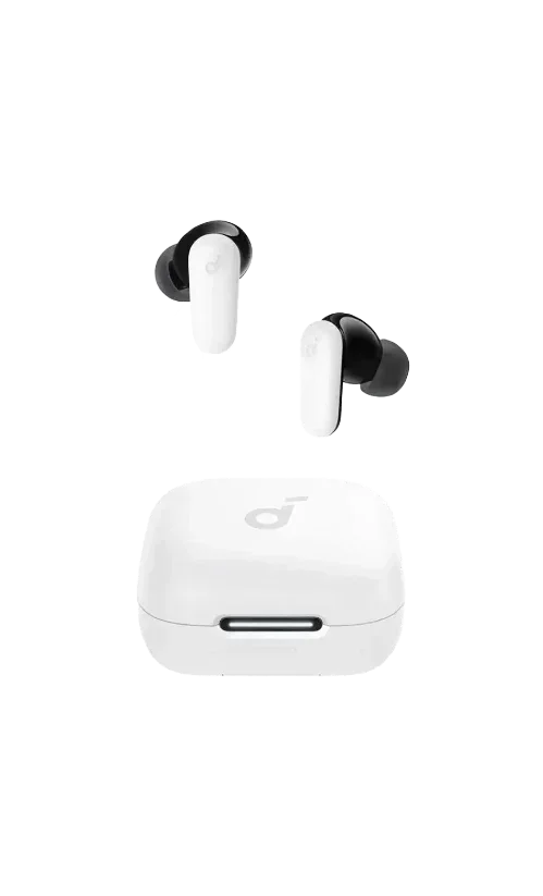 White wireless earbuds with charging case, sleek design for mobile and gaming audio