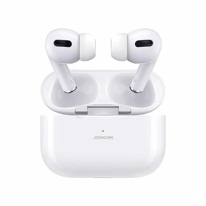 White Joyroom wireless earbuds with charging case, sleek design for mobile and gaming audio