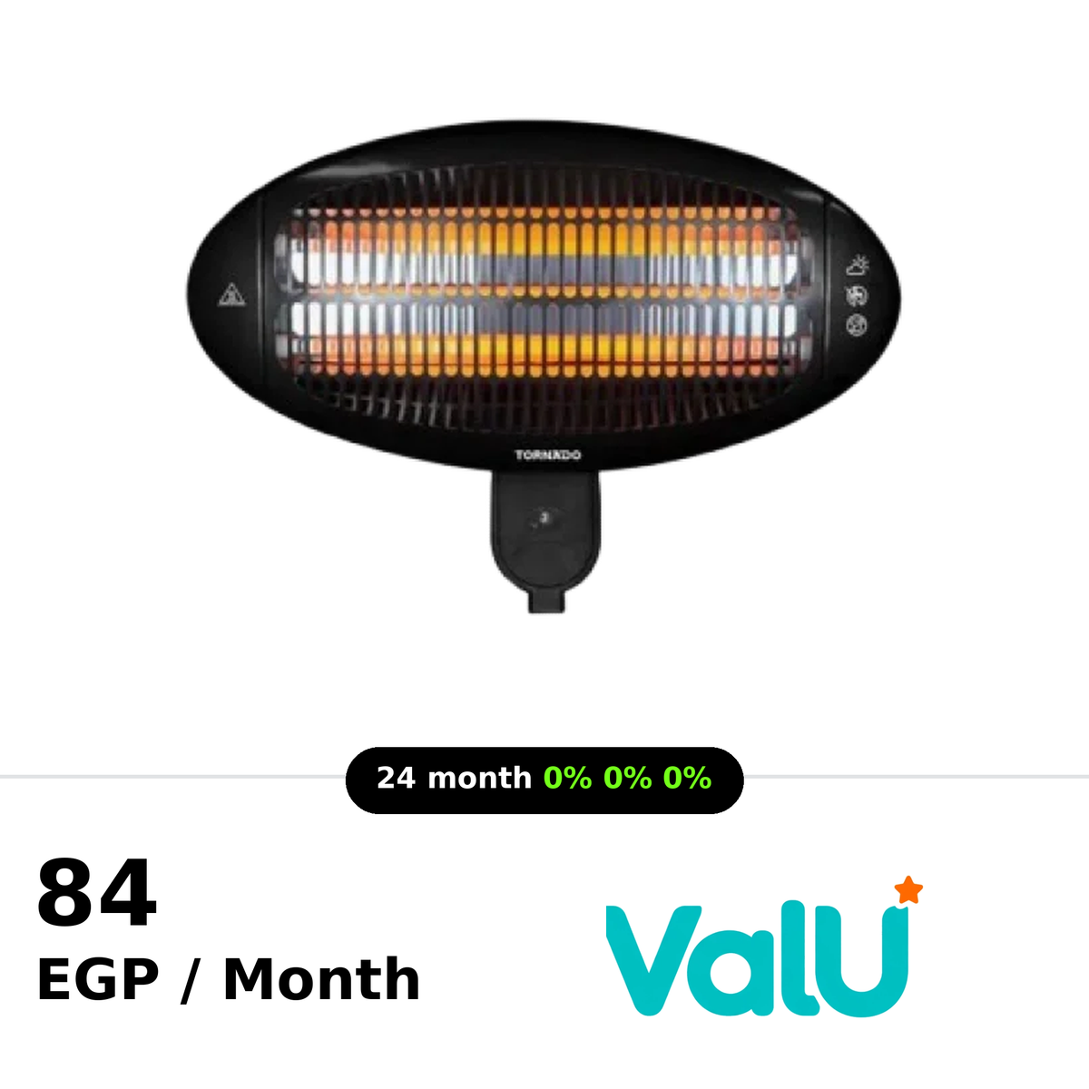 Tornado Halogen Heater Wall Mounted 2000W - Black - THH-2000W