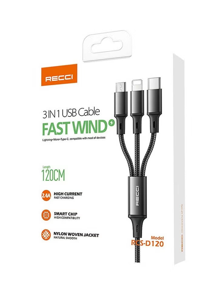 Recci RCS-D120 Fast Wind 3 in 1 USB Cable - 1.2M - Black