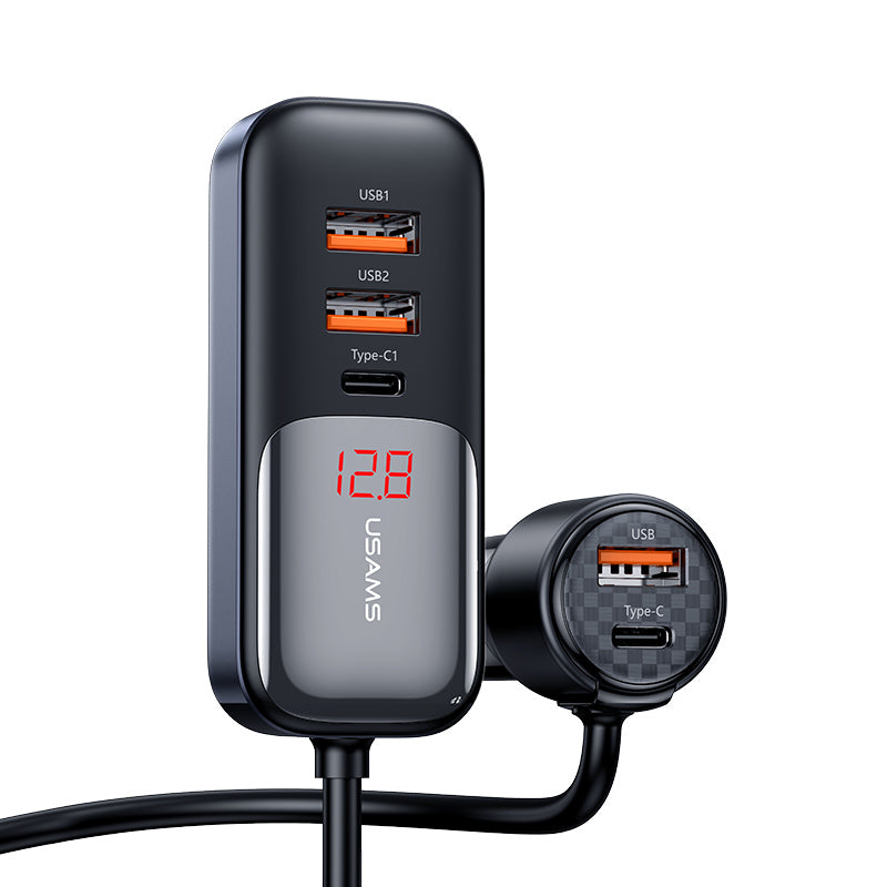 USAMS C40 165W 2C+3U PPS 5 Ports Digital Display Fast Car Charger With Data Cable - Black