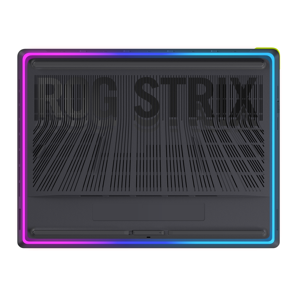 bottom lid closed view of Asus ROG Strix G16 featuring the iconic illuminated ROG eye logo.