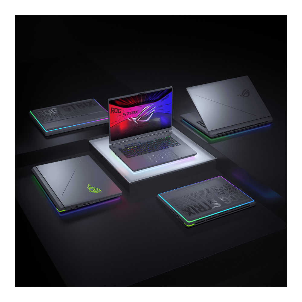 Top lid with different views of Asus ROG Strix G16 featuring the iconic illuminated ROG eye logo.