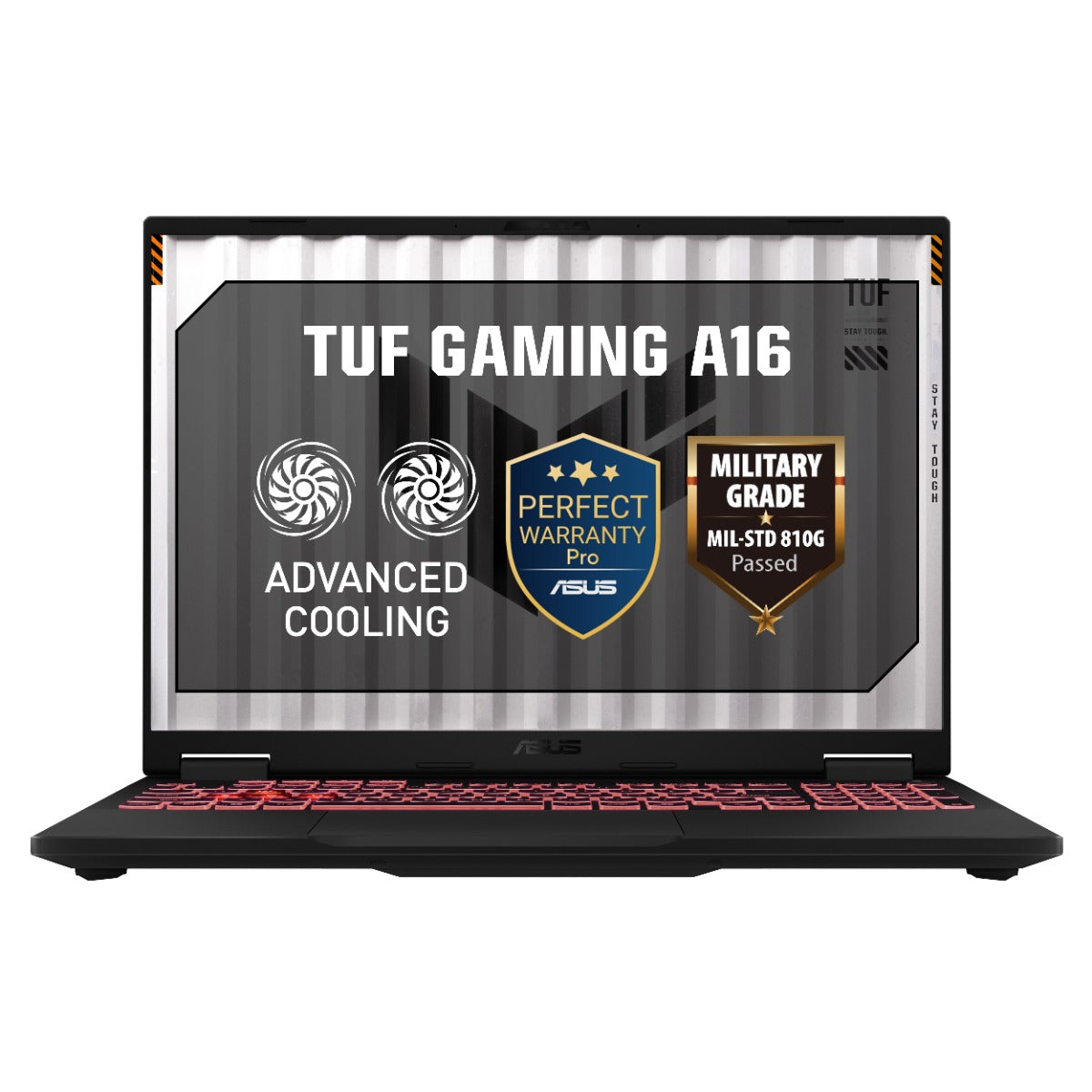 Front open view of Asus TUF A16 gaming laptop with 165Hz high-refresh display screen.
