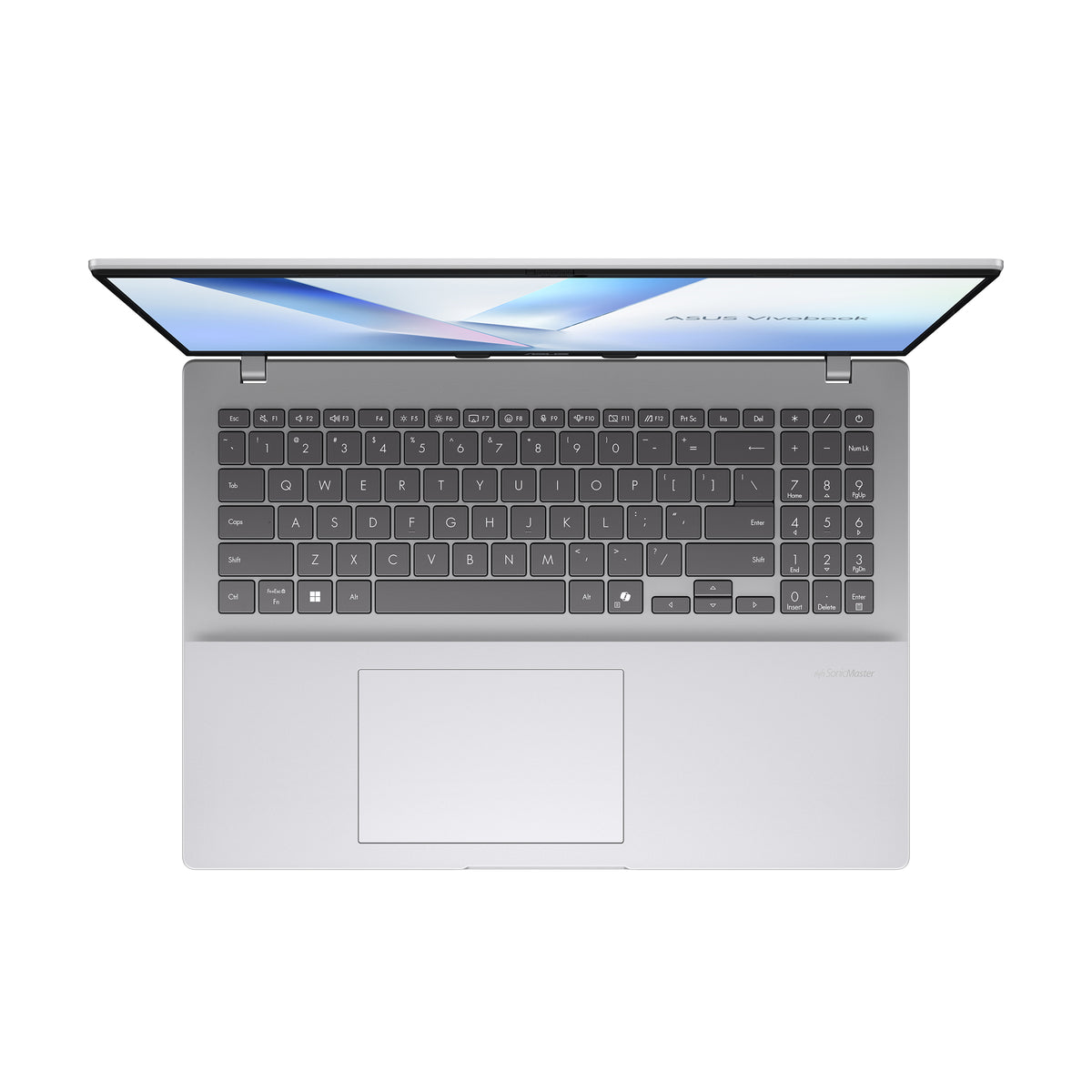 Front-top view of Asus Vivobook 16 X1607CA displaying the ultra-thin form factor.