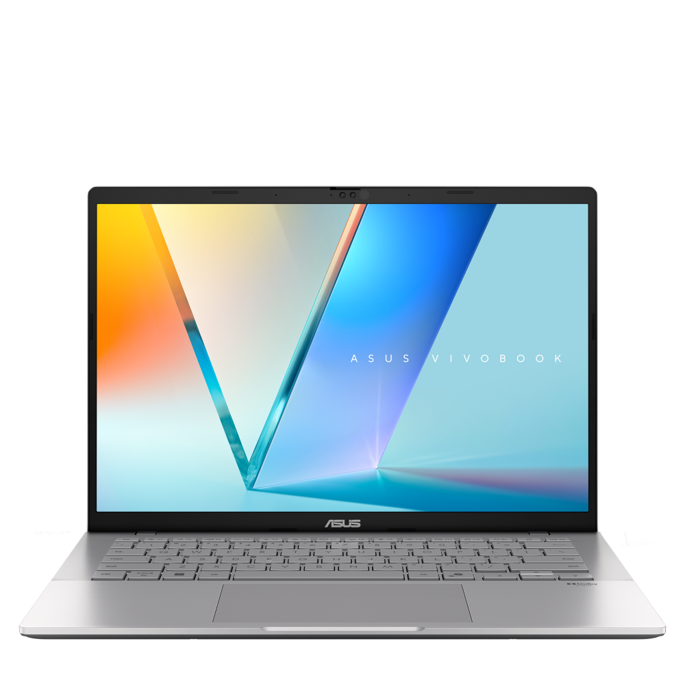 Front open view of Asus Vivobook S14 with vivid 14-inch OLED display and backlit keyboard.