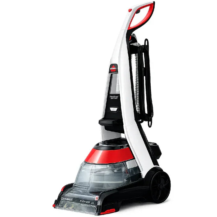 Underside view highlighting the PowerBrush dirtlifter rolls on the White/Red Bissell Powerwash Premier 1456E from XPRS.