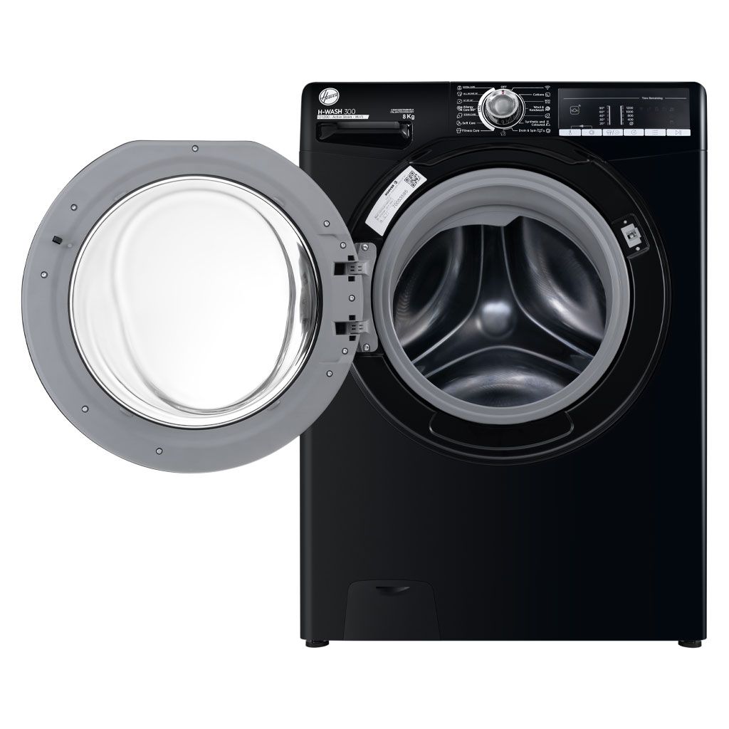 Open door view showing the drum capacity of the black HOOVER 8Kg Washing Machine H3WOS283TABB4ELA from XPRS Egypt.