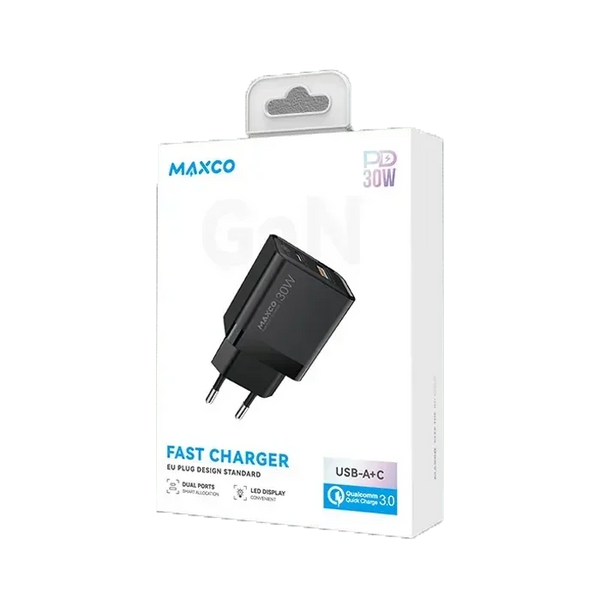 <tc>شاحن ماكسكو MC12E GaN - 30W PD سريع، منفذين، تصميم قابس EU، شحن آمن وسريع - أسود</tc>