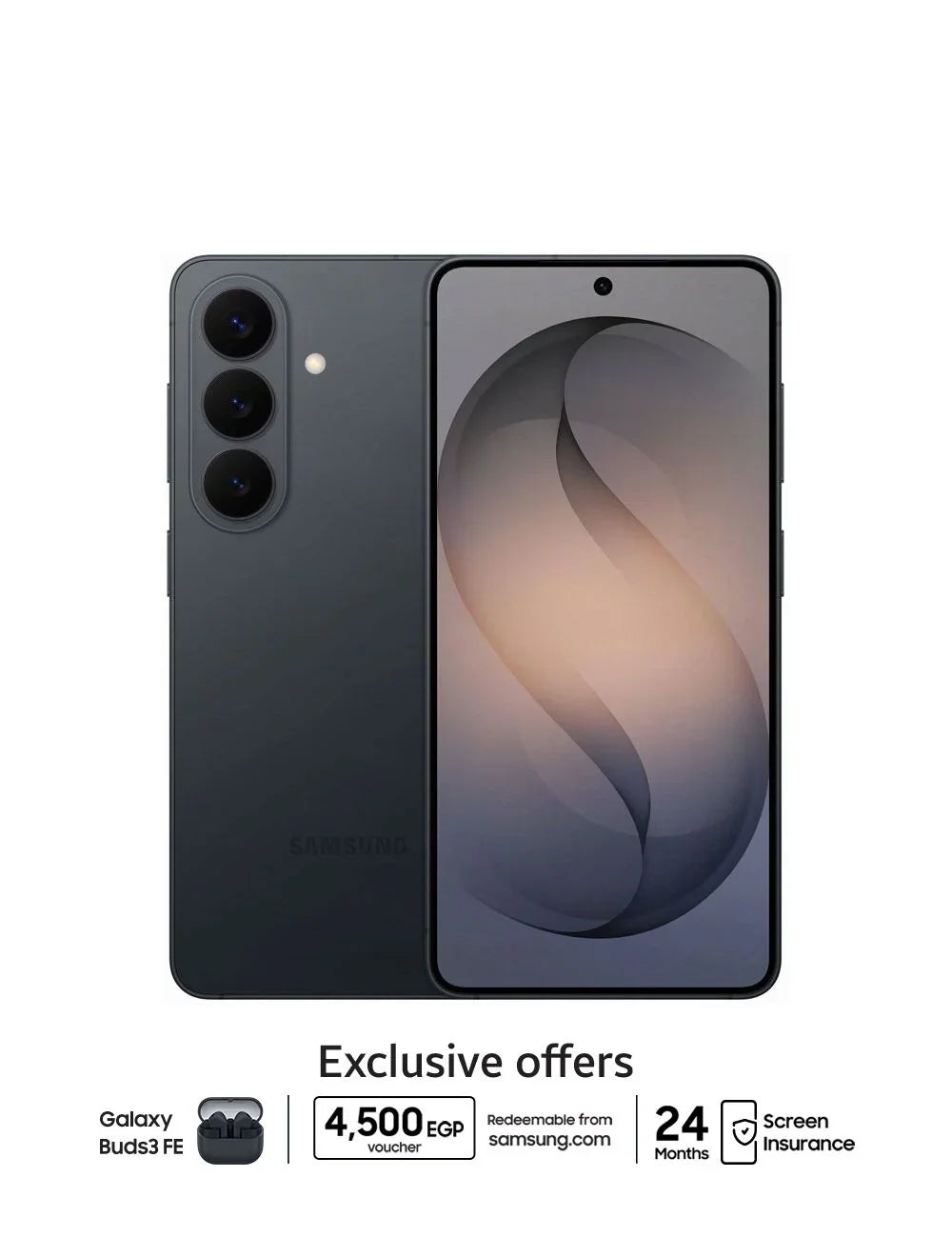 Black Samsung Galaxy S26 5G smartphone with triple rear cameras and exclusive offers including voucher and screen insurance