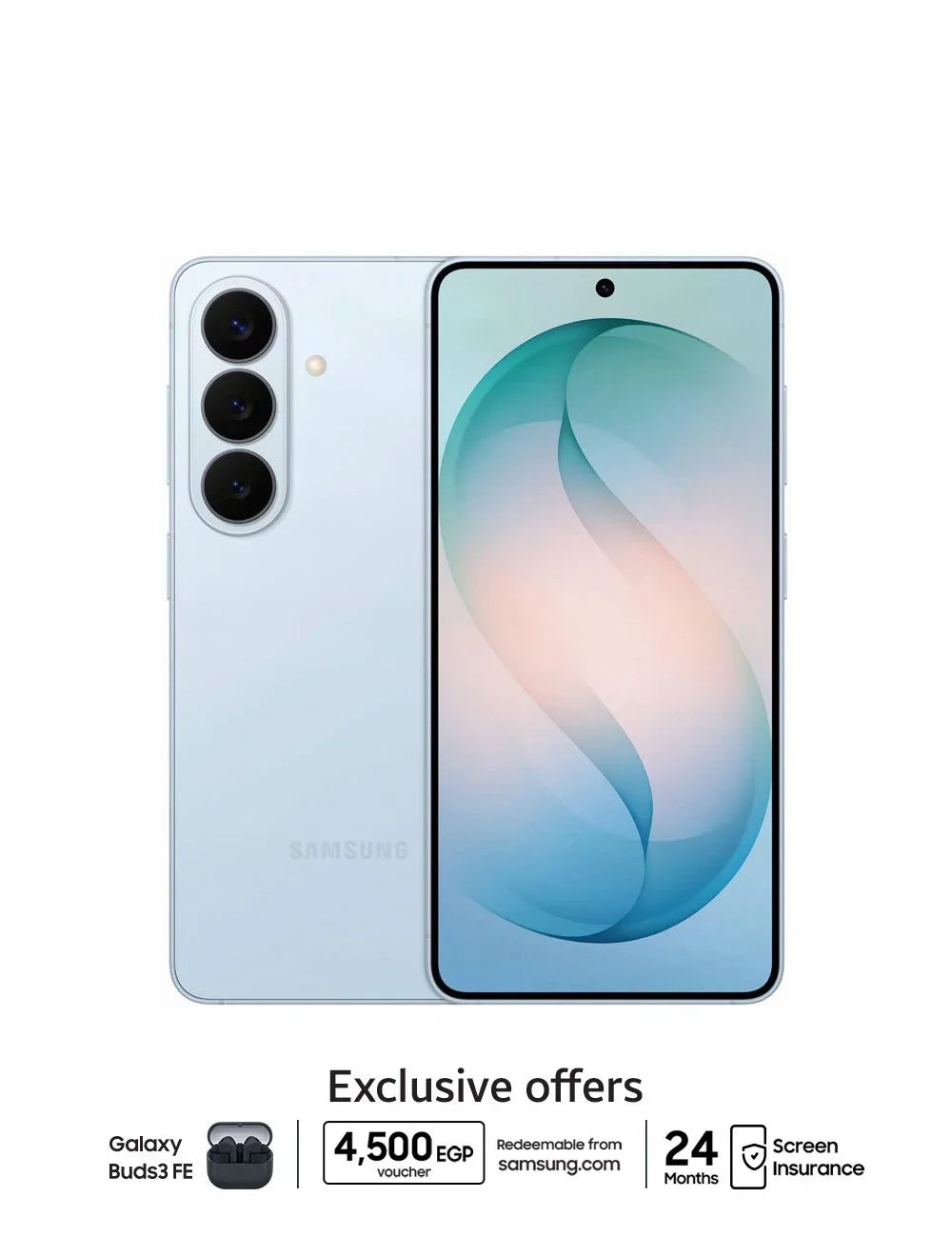 Blue Samsung Galaxy S26 5G smartphone with triple rear cameras, front display, and exclusive offers banner below