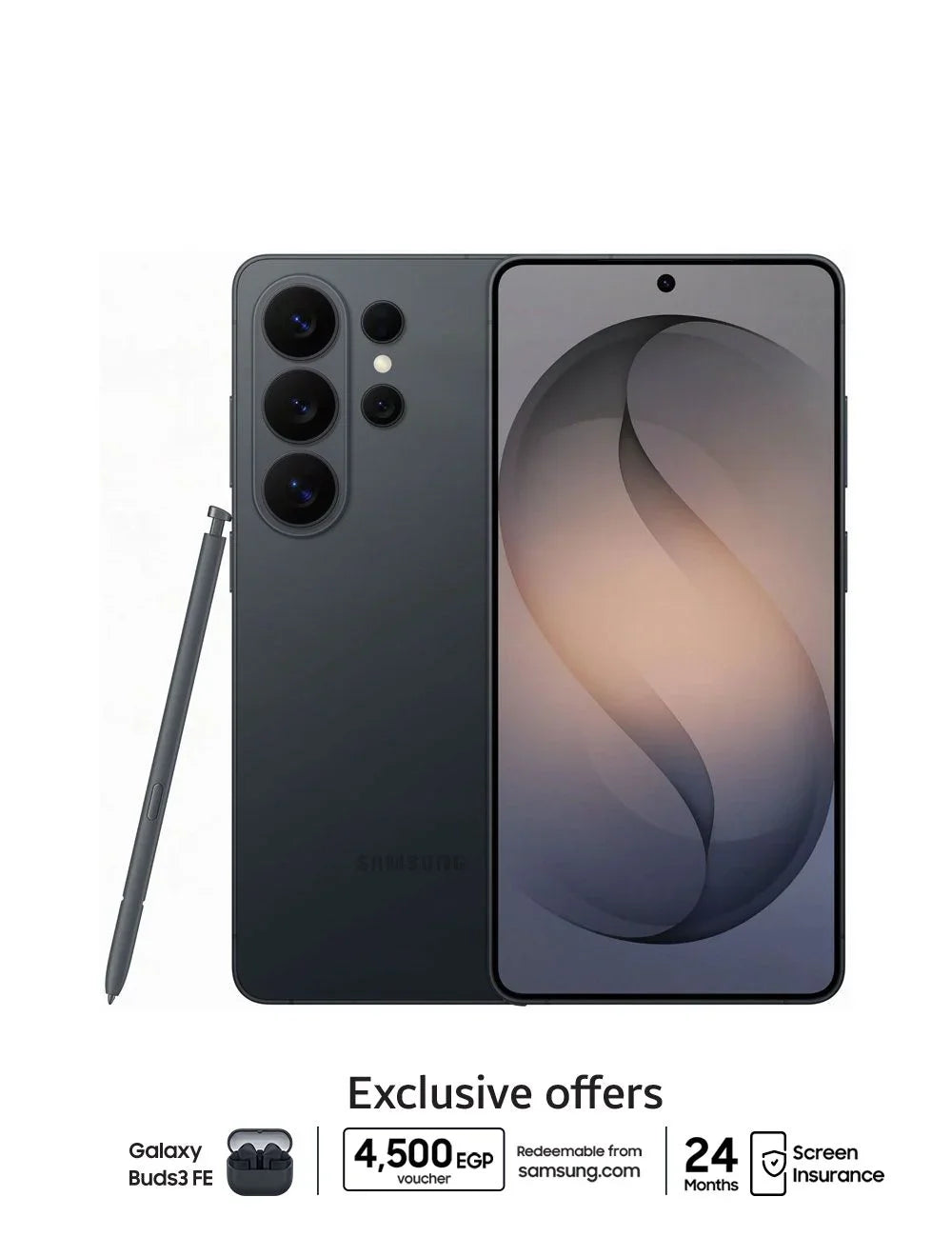 Black Samsung Galaxy S26 Ultra smartphone with stylus, large display, and triple rear camera, exclusive offers banner