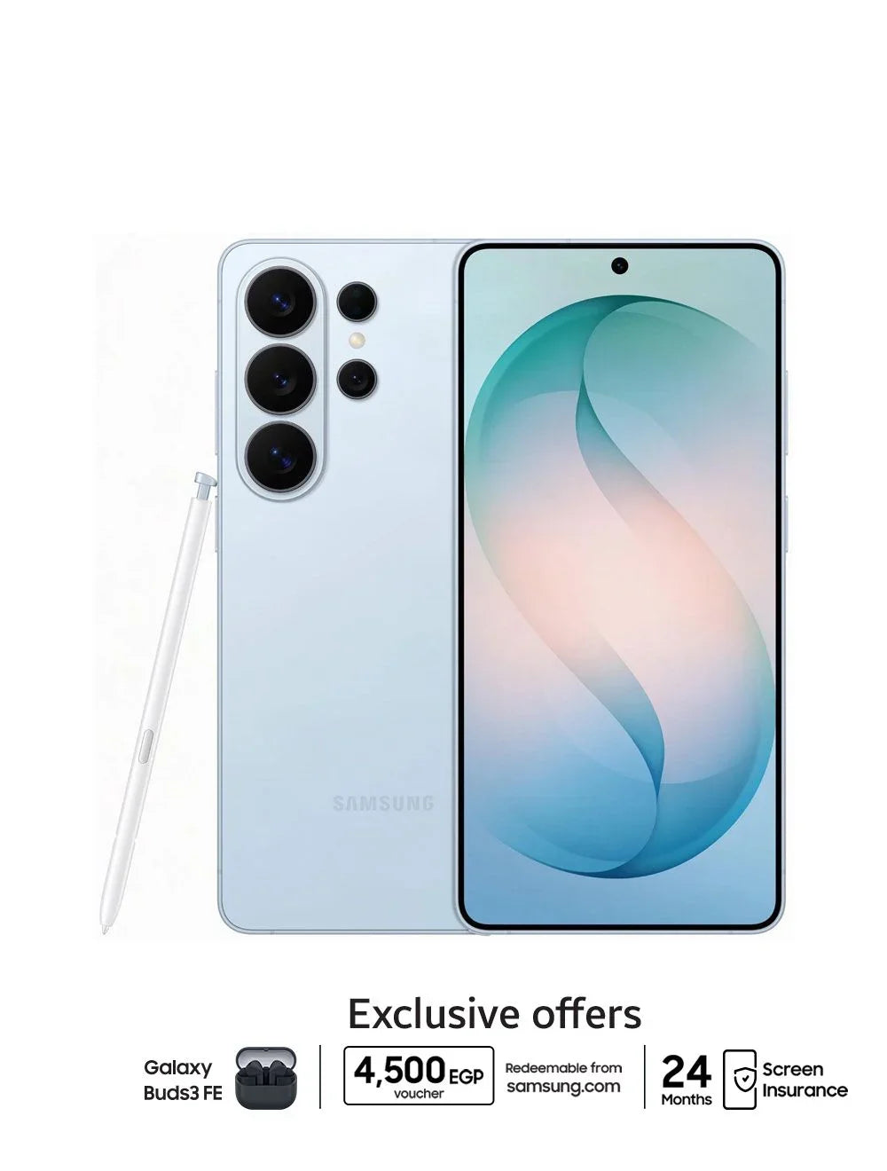 Ultra blue Samsung Galaxy S26 Ultra smartphone with stylus, triple rear cameras, and exclusive offers display