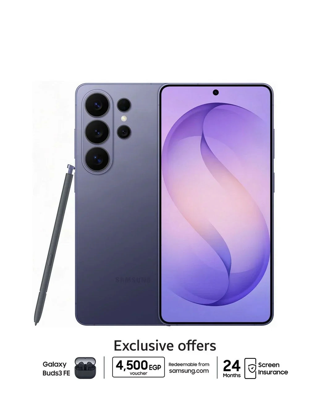 Ultra violet Samsung Galaxy S26 Ultra smartphone with S Pen, triple rear cameras, exclusive Galaxy Buds3 FE offer