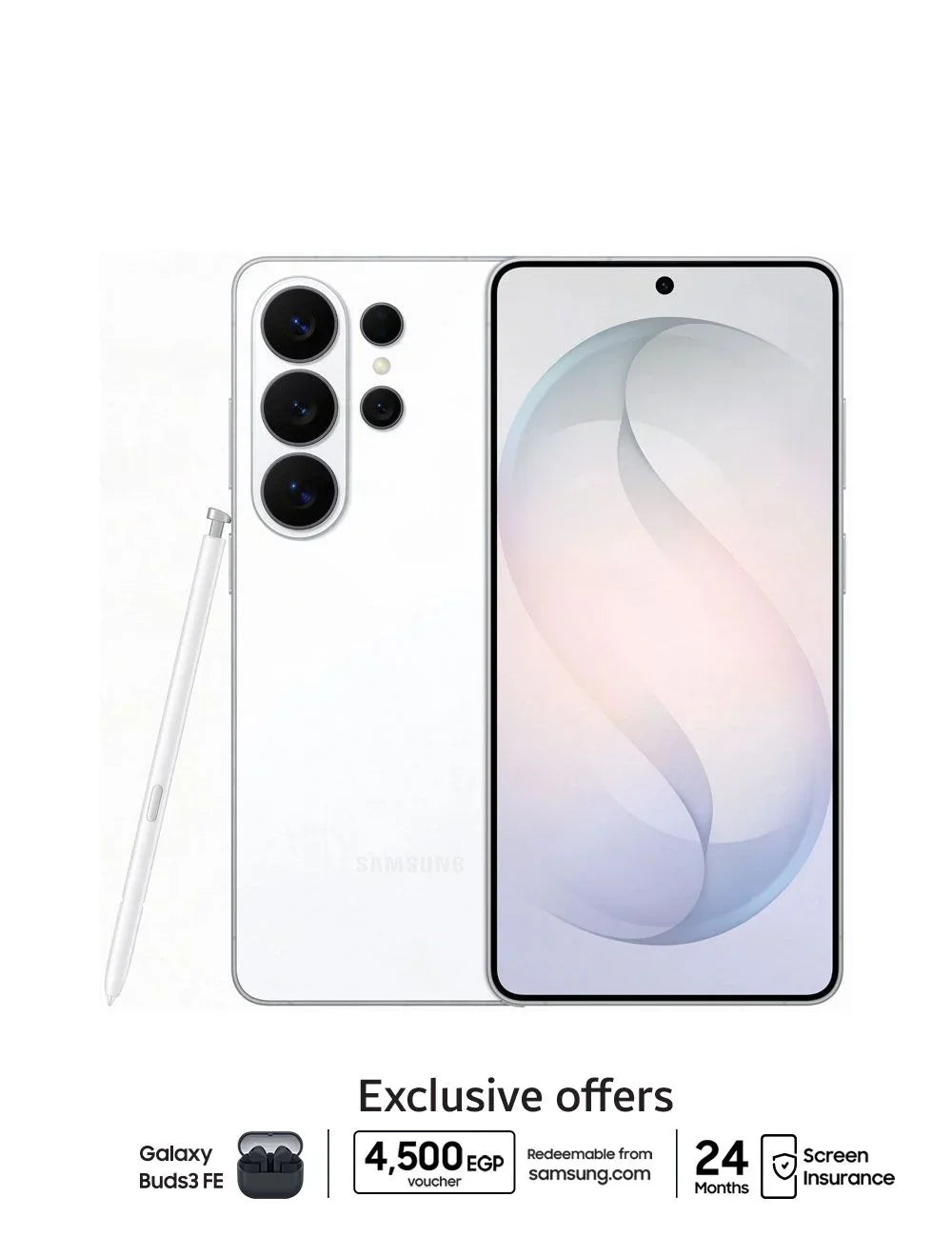 White Samsung Galaxy S26 Ultra smartphone with S Pen, triple cameras, and exclusive promotional offers displayed.