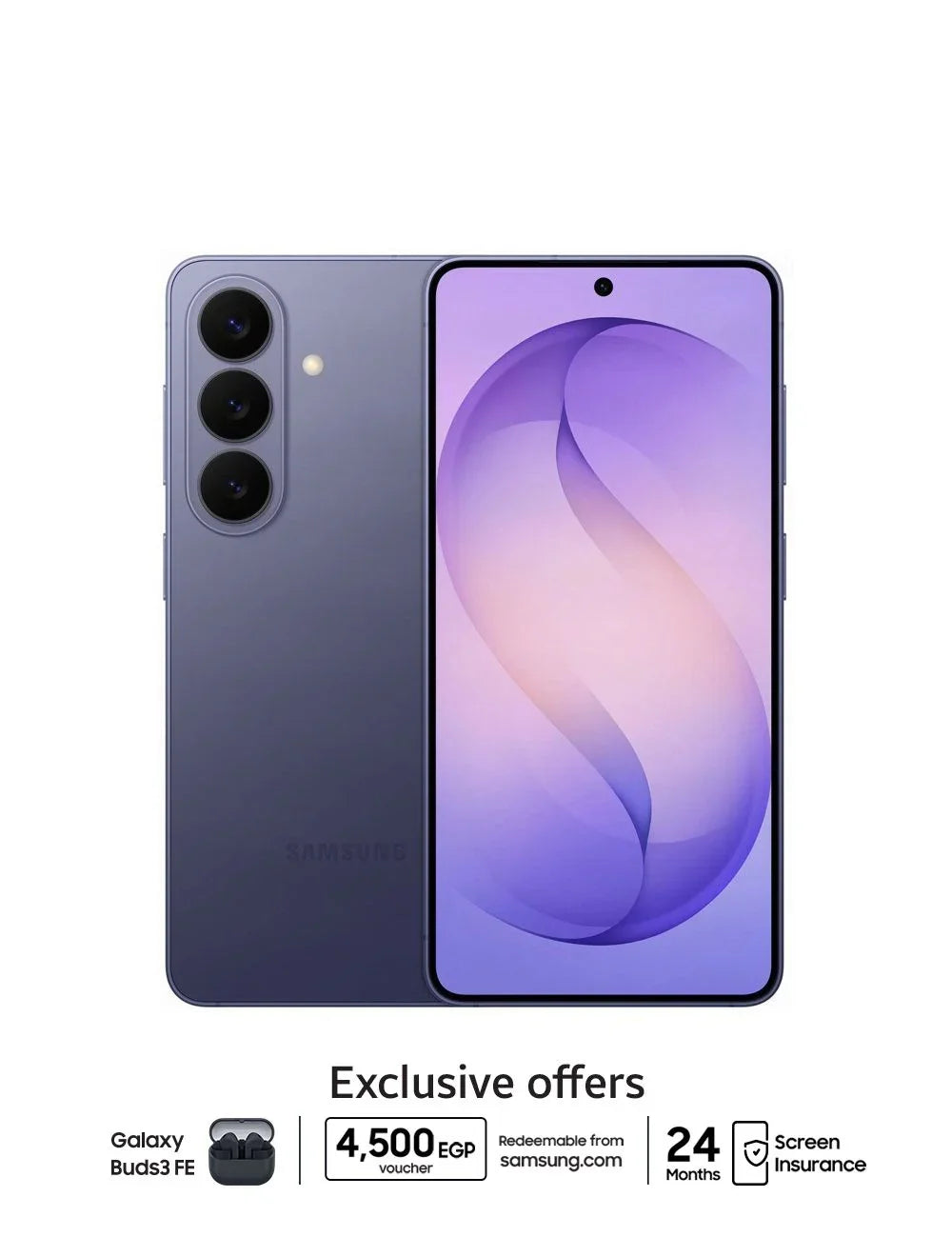 Violet Samsung Galaxy S26+ with triple rear cameras, exclusive offers, and Galaxy Buds3 FE promotion